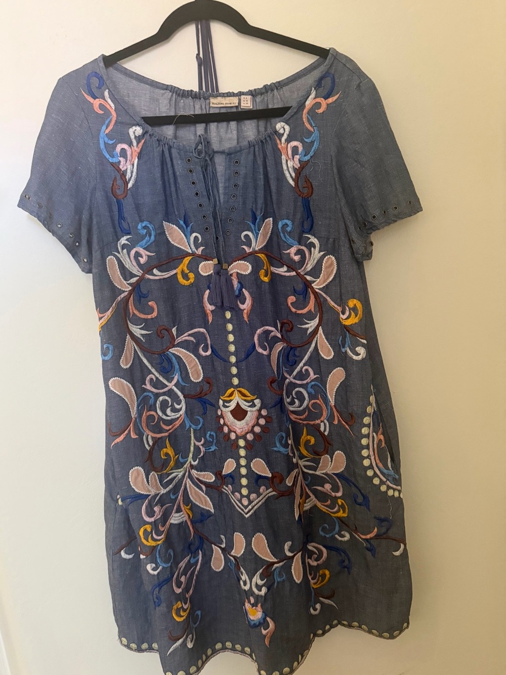 Anthropologie Embroidered Blue Tunic Dress with Multicolor Floral Motif